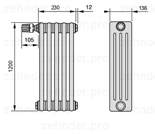 Схема (чертеж) Радиатор Zehnder Charleston 4120/5 №V012 Белый глянцевый RAL 9016